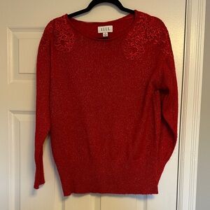 Romantic Crimson Elle Pullover with Floral Shoulder Detail - M